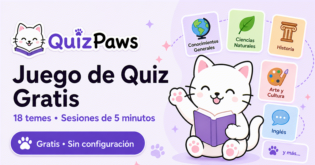 Kuis Juego de quiz online gratis — 18 temas, sesiones de 5 min | QuizPaws
